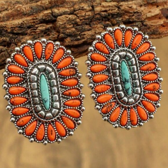 Women's Embellished With faux Turquoise and orange stones earrings - Picture 6 of 6